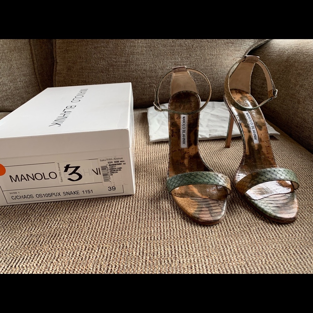 MANOLO BLAHNIK CAMO SNAKE SKIN GREEN SANDAL SZ 39